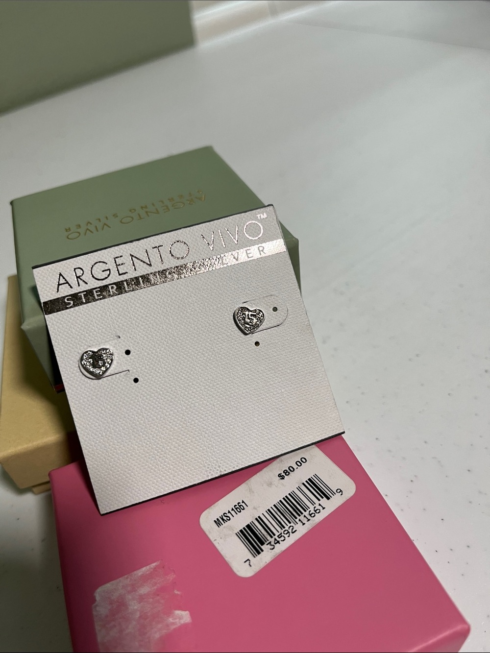 Argento Vivo Silver Heart Stud Earrings with Sparkle For Quinceañera
